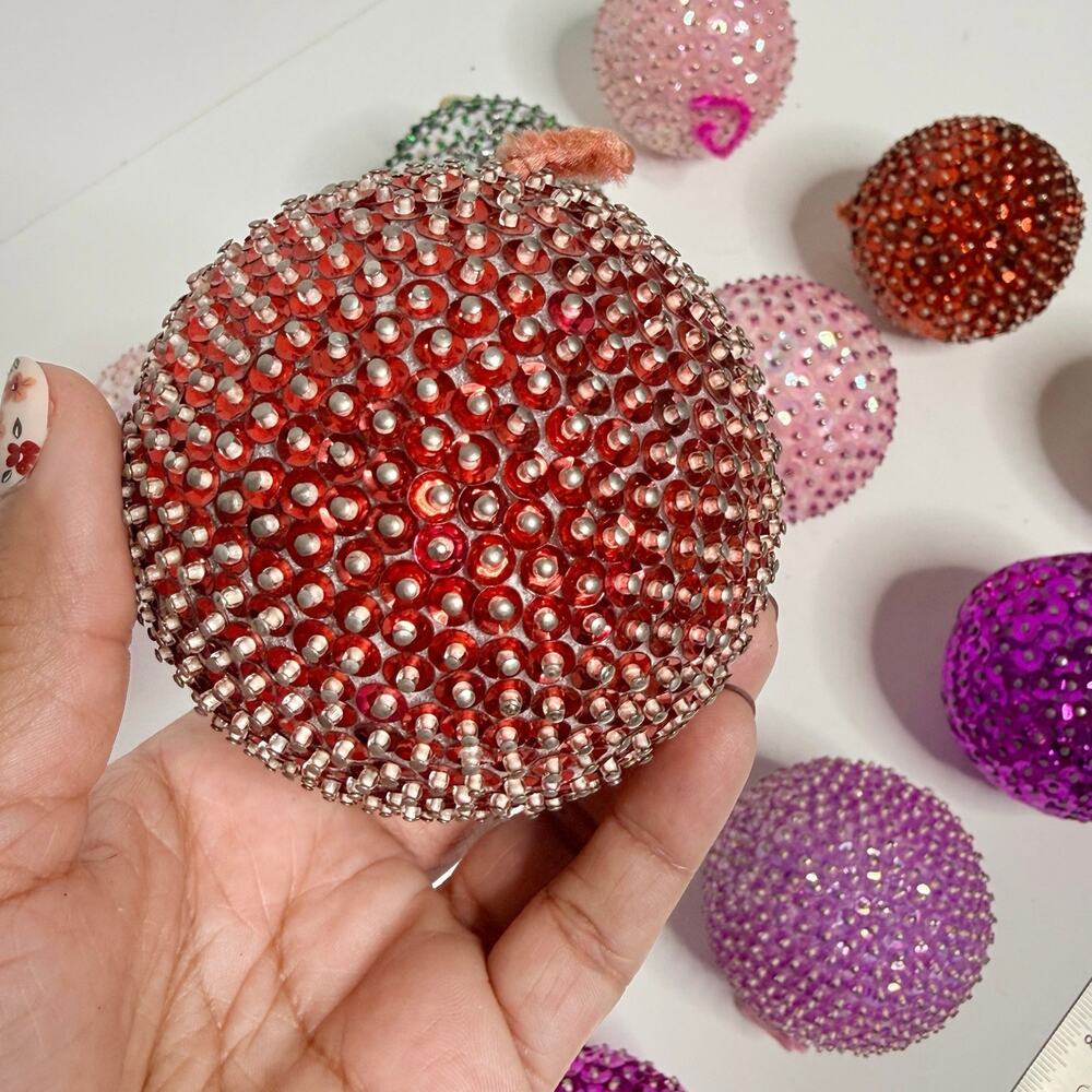 Vintage Handmade Push Pin Ornaments Set Of 12 Christmas Ball 3" Various Colors